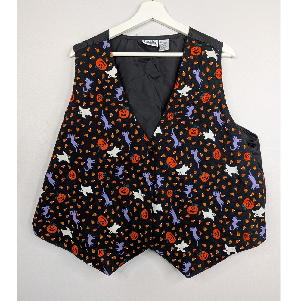 Basic Editions Halloween Vest Womens 24W Black Excellent Cats Pumpkins Ghosts